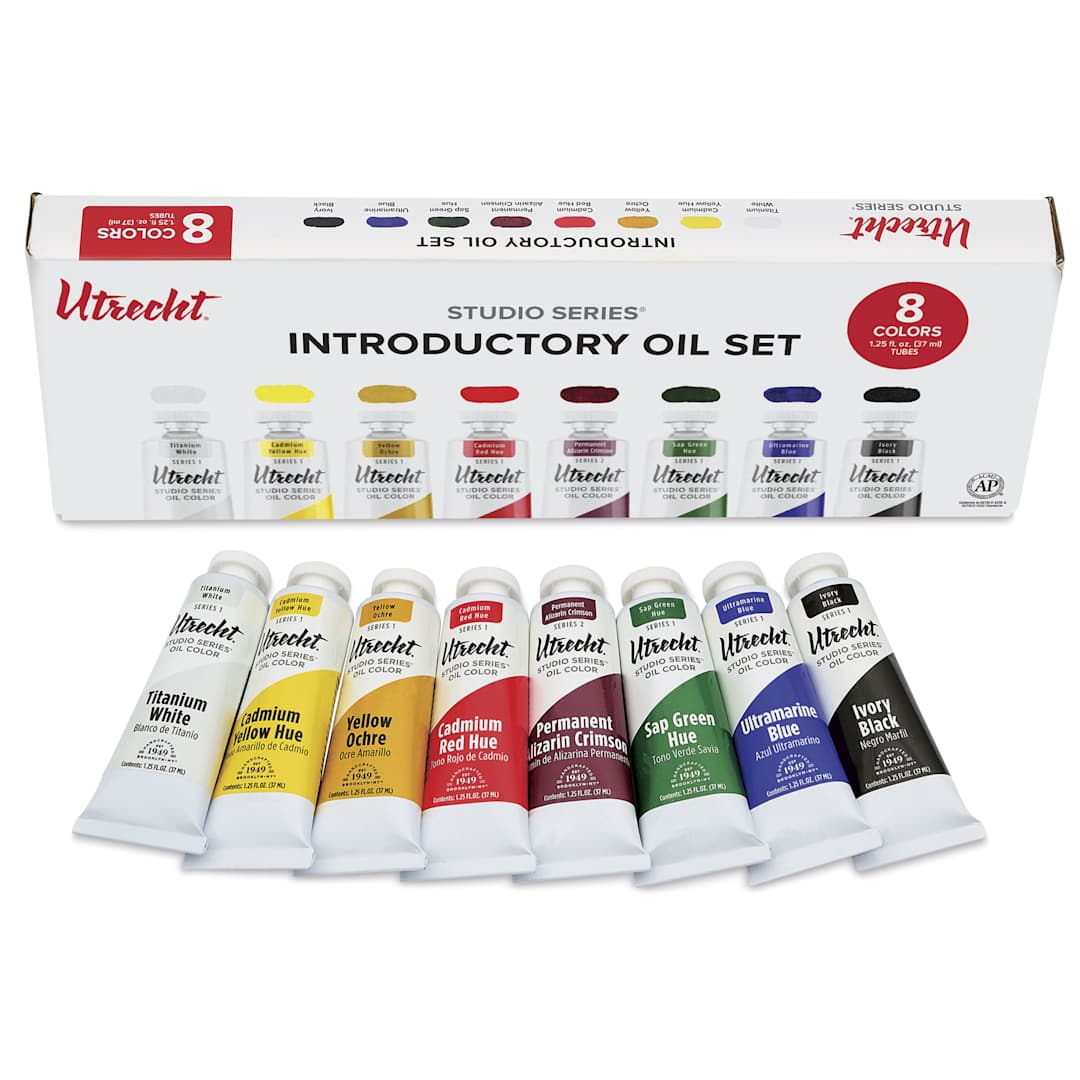 Open in modal - Utrecht Studio Series Oil Paints - Set of 8, Introductory Colors, 37 ml, contents and packaging