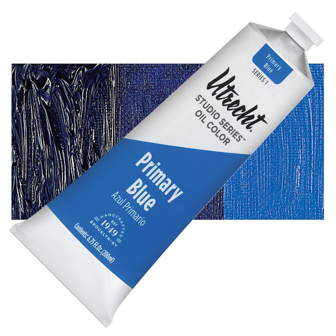 Open in modal - Utrecht Studio Series Oil Paint - Primary Blue, 200 ml tube and swatch