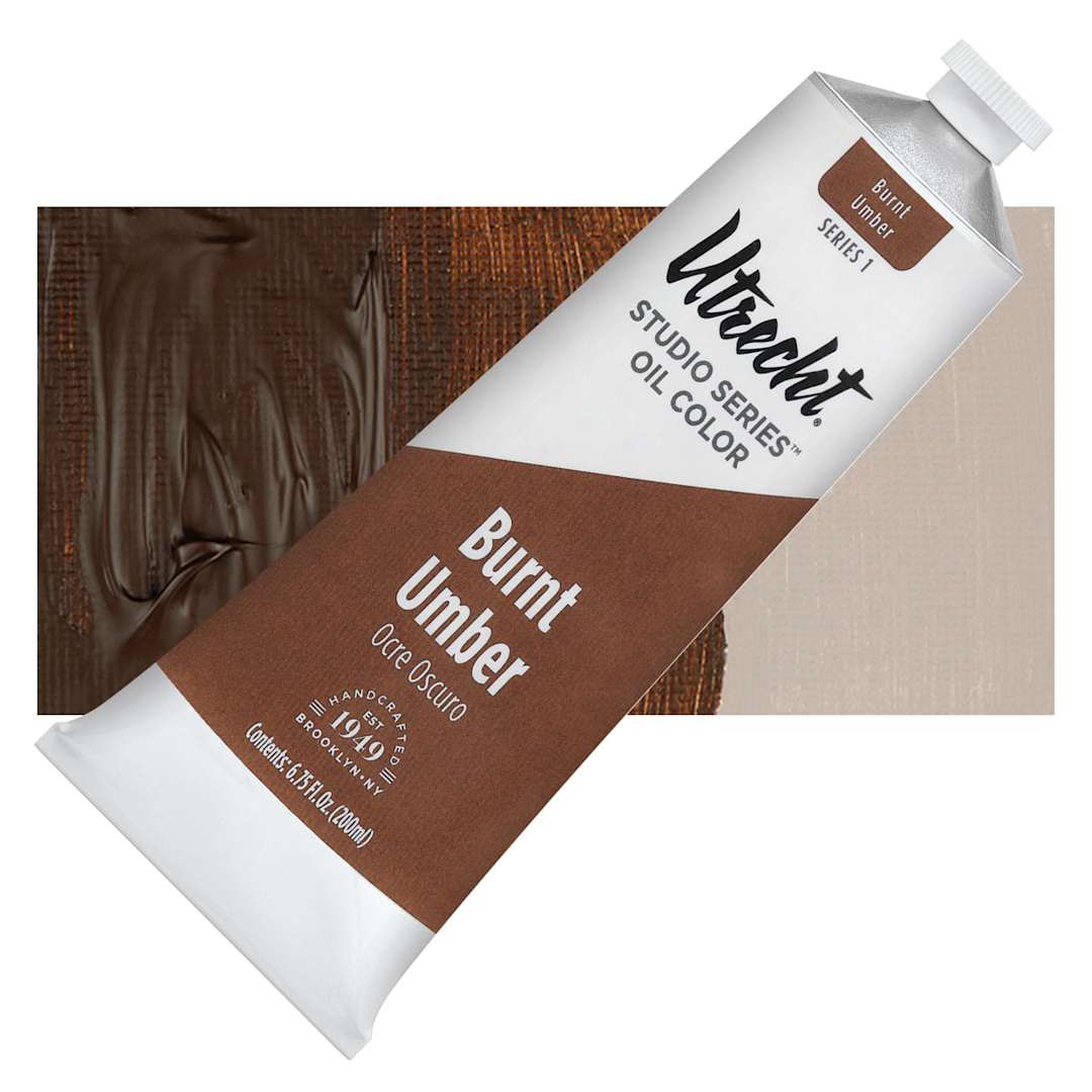 Open in modal - Utrecht Studio Series Oil Paint - Burnt Umber, 200 ml tube and swatch