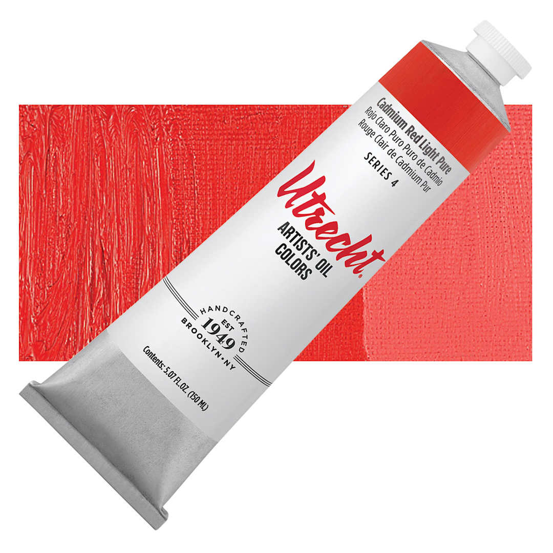 Open in modal - Utrecht Artists' Oil Paint - Cadmium Red Light, 150 ml tube and swatch