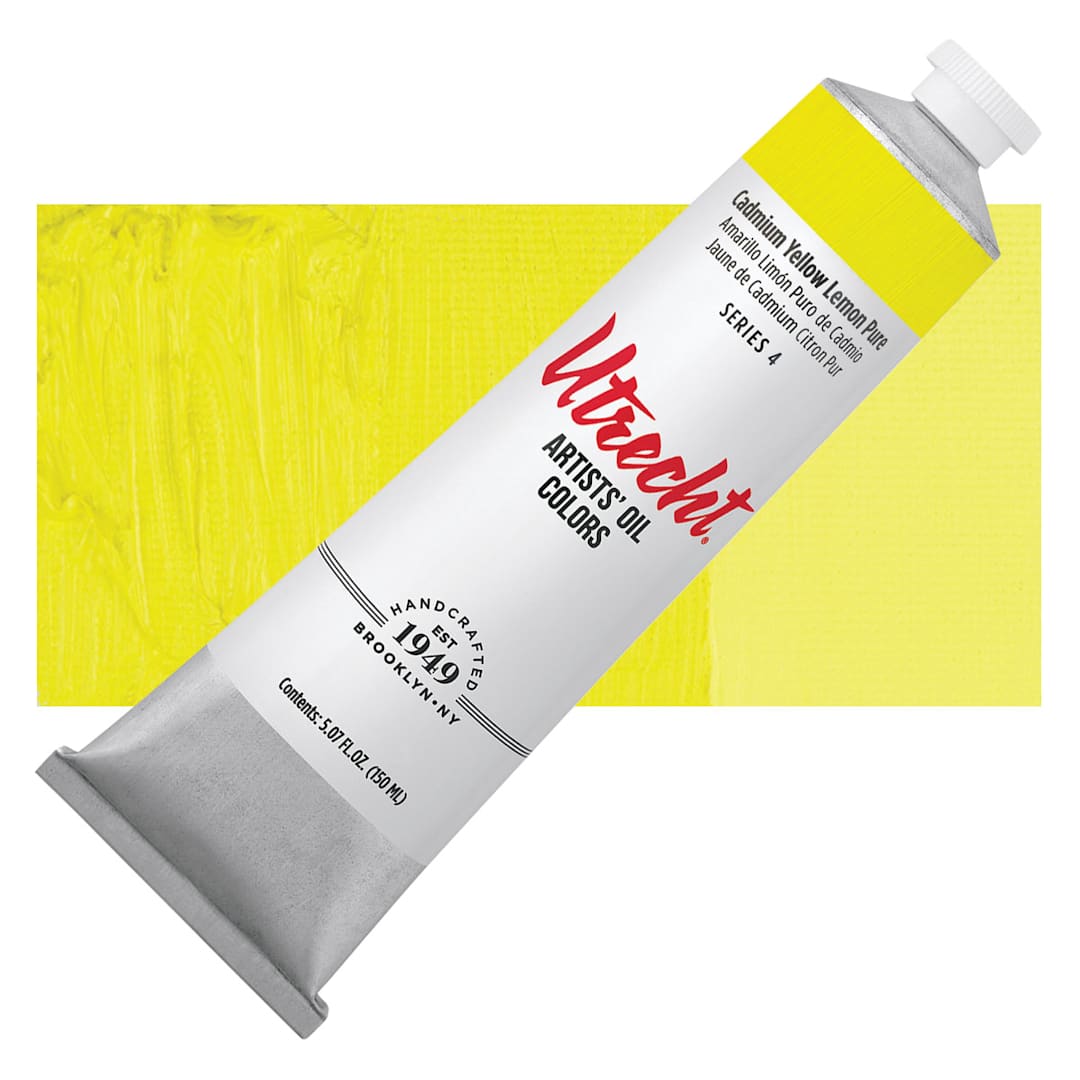 Open in modal - Utrecht Artists' Oil Paint - Cadmium Yellow Lemon, 150 ml tube and swatch