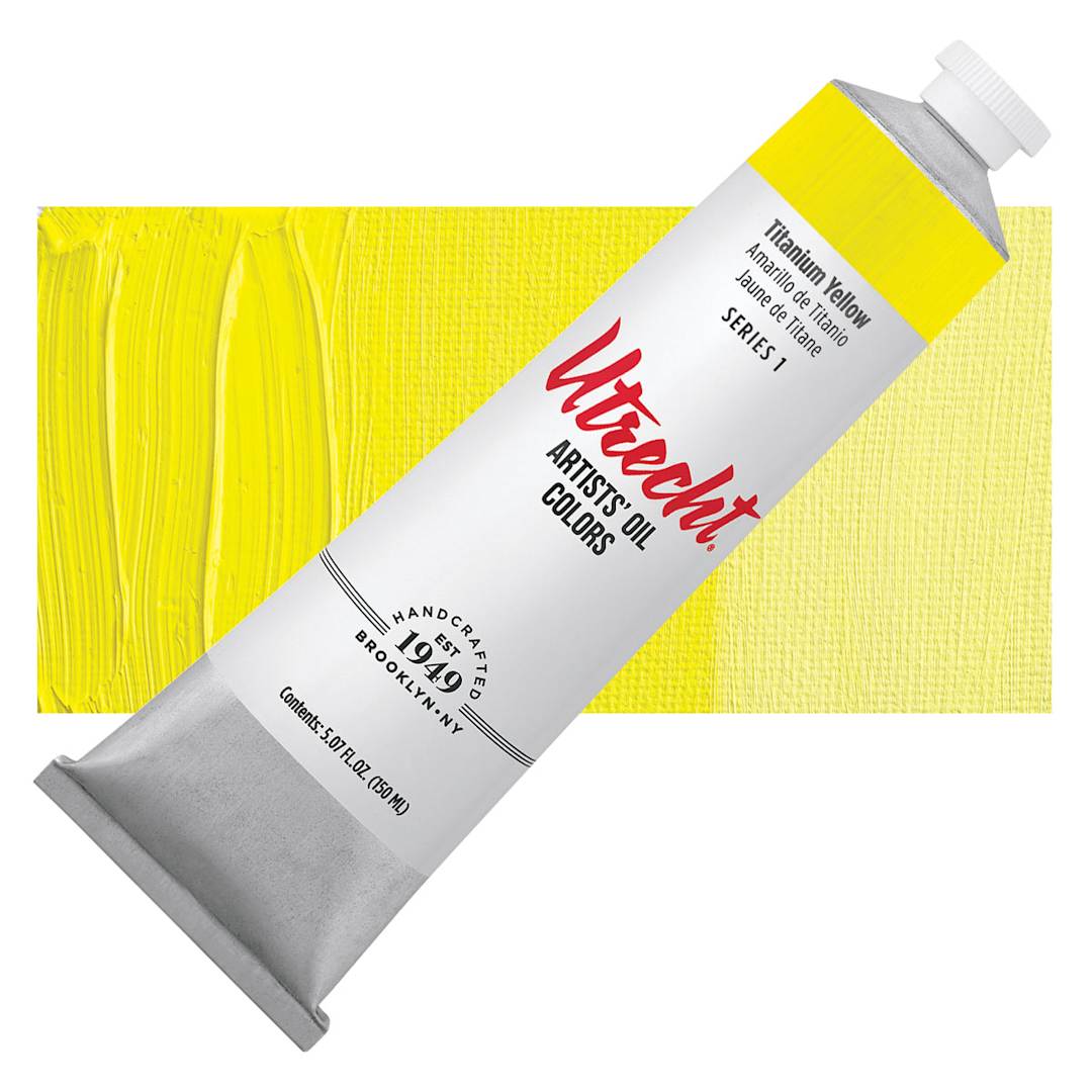 Open in modal - Utrecht Artists' Oil Paint - Titanium Yellow, 150 ml, Tube and swatch