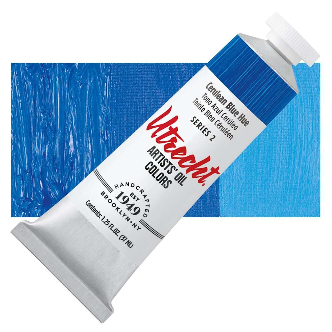 Open in modal - Utrecht Artists' Oil Paint - Cerulean Blue Hue, 37 ml tube and swatch