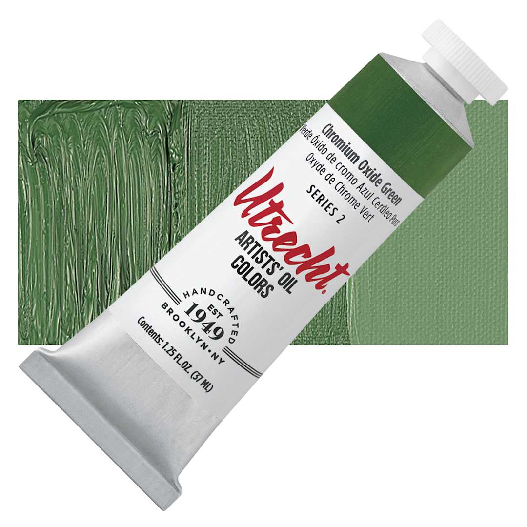 Open in modal - Utrecht Artists' Oil Paint - Chromium Oxide Green, 37 ml tube and swatch