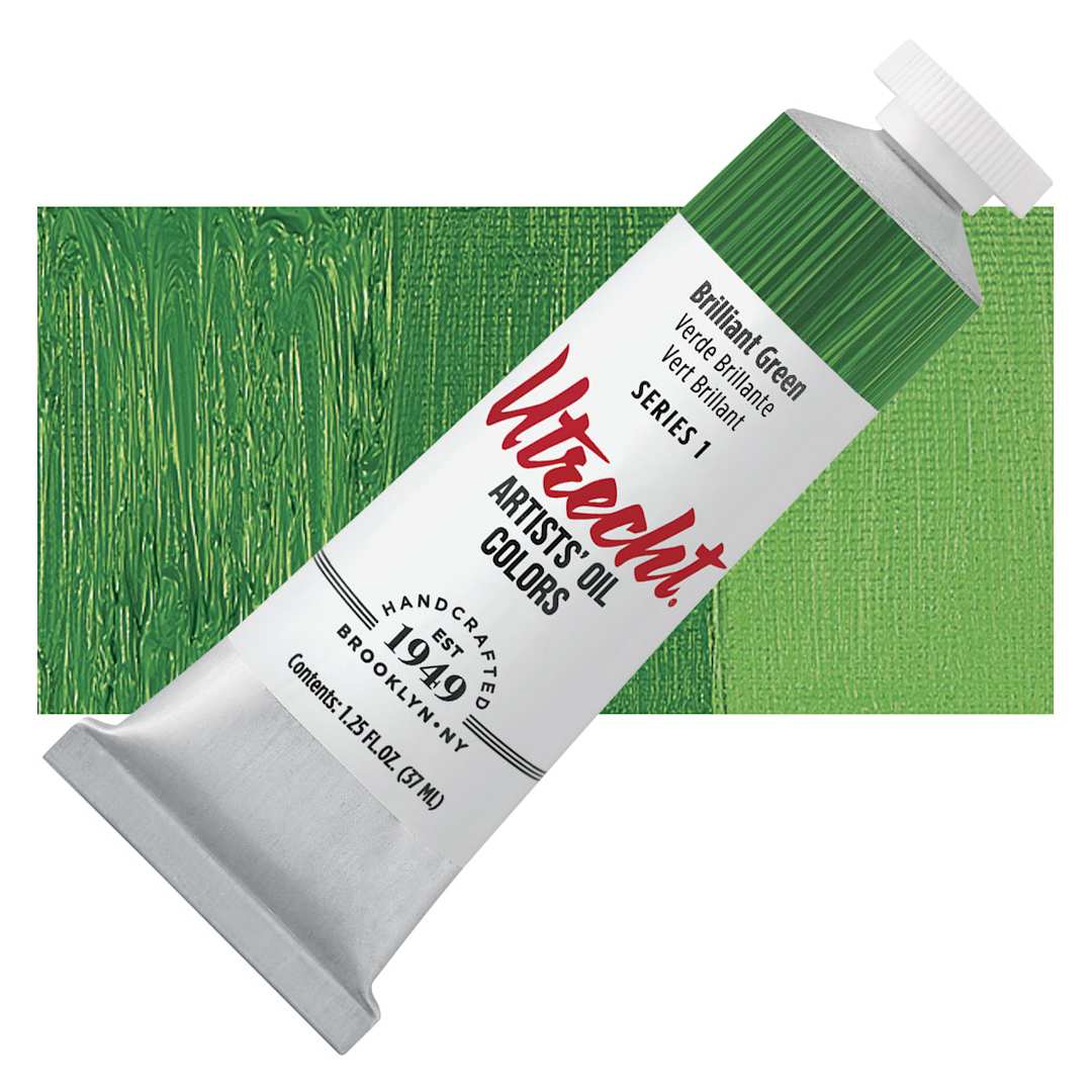 Open in modal - Utrecht Artists' Oil Paint - Brilliant Green, 37 ml tube and swatch