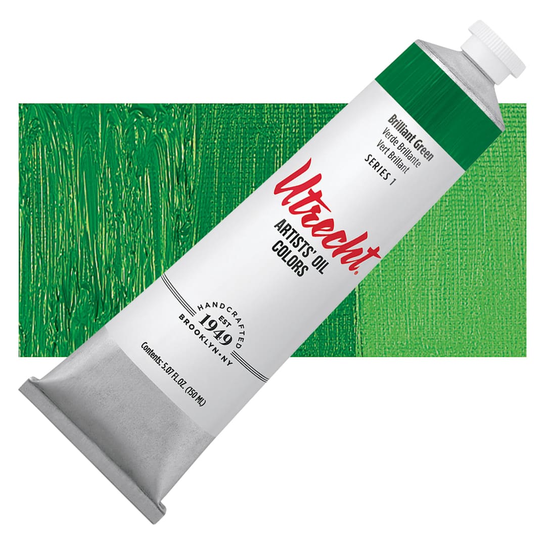 Open in modal - Utrecht Artists' Oil Paint - Brilliant Green, 150 ml tube and swatch