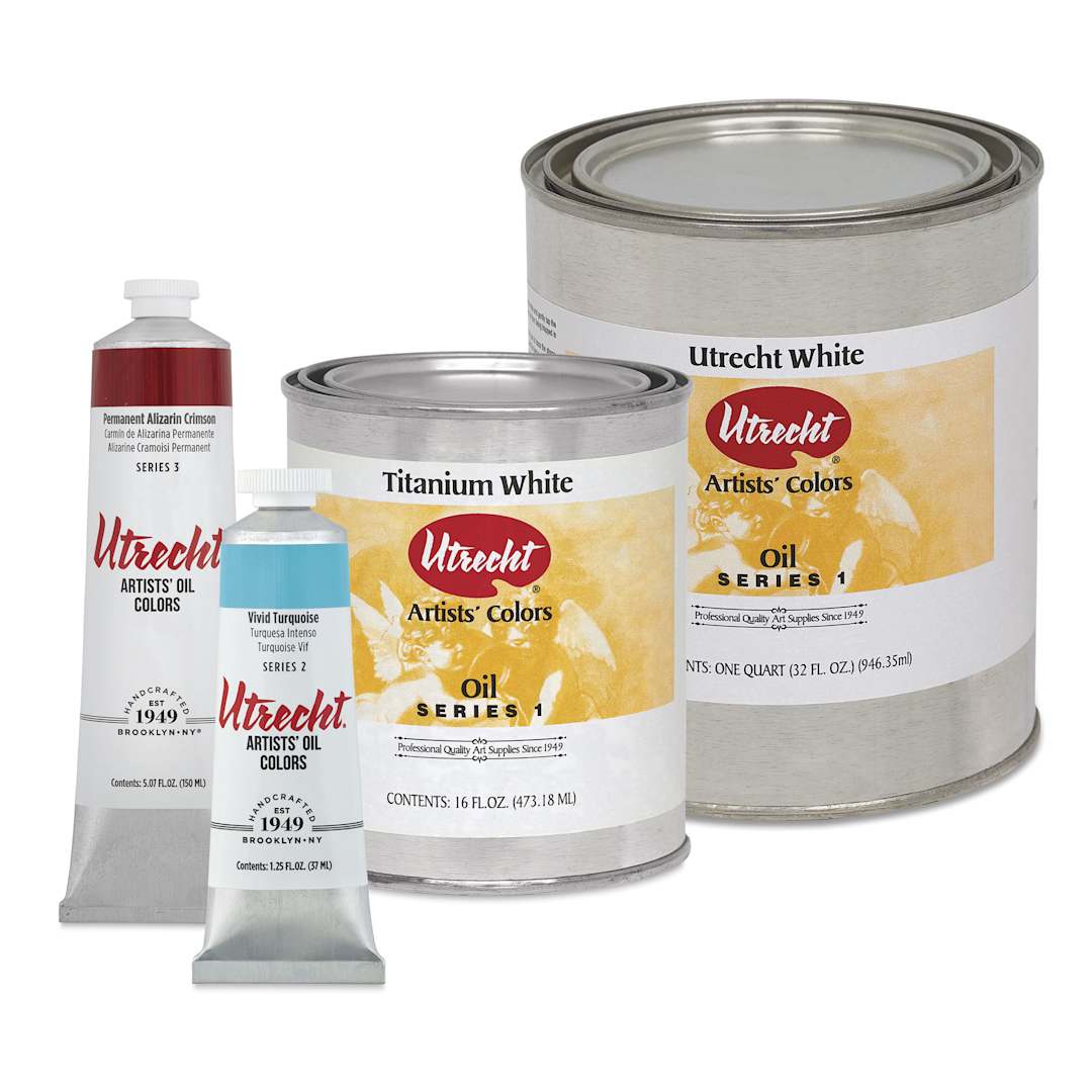 Open in modal - Utrecht Artists' Oil Paints, Utrecht White & Titanium White cans with Permanent Alizarin Crimson & Vivid Turquoise tubes
