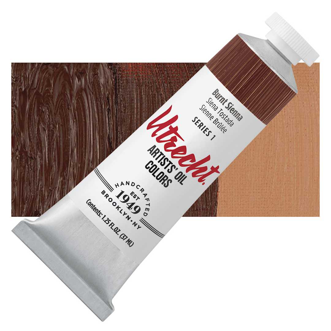 Open in modal - Utrecht Artists' Oil Paint - Burnt Sienna, 37 ml tube and swatch
