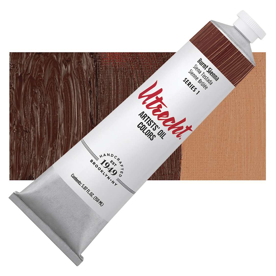 Open in modal - Utrecht Artists' Oil Paint - Burnt Sienna, 150 ml tube and swatch