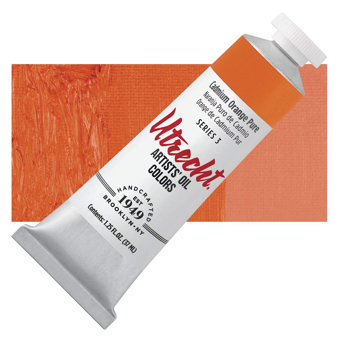 Open in modal - Utrecht Artists' Oil Paint - Cadmium Orange Pure, 37 ml, Tube and swatch