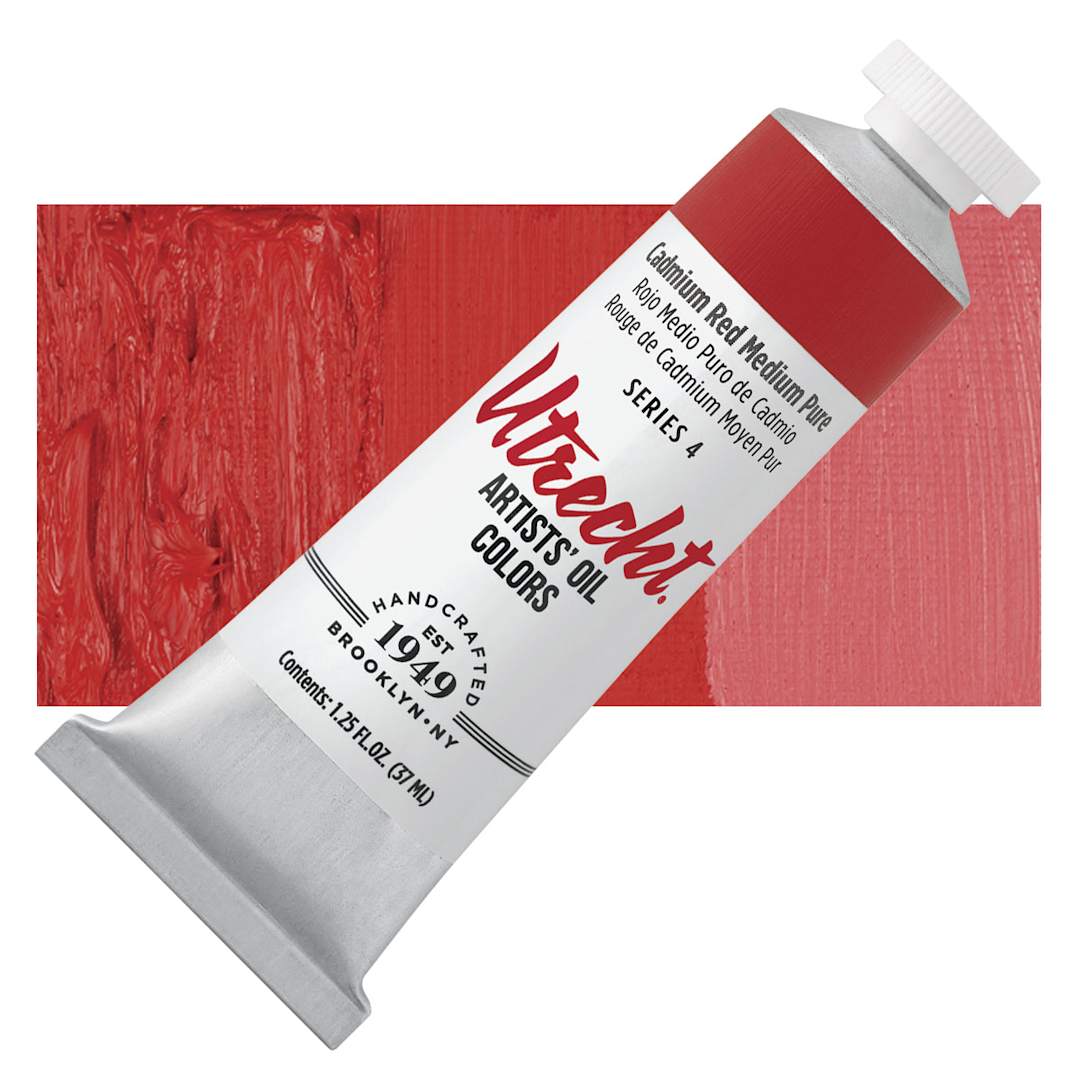 Open in modal - Utrecht Artists' Oil Paint - Cadmium Red Medium, 37 ml tube and swatch