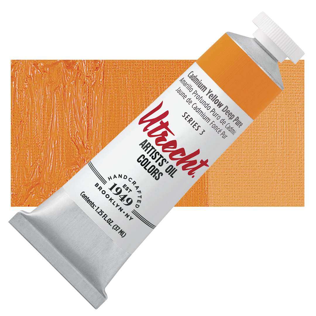 Open in modal - Utrecht Artists' Oil Paint - Cadmium Yellow Deep, 37 ml, Tube and swatch