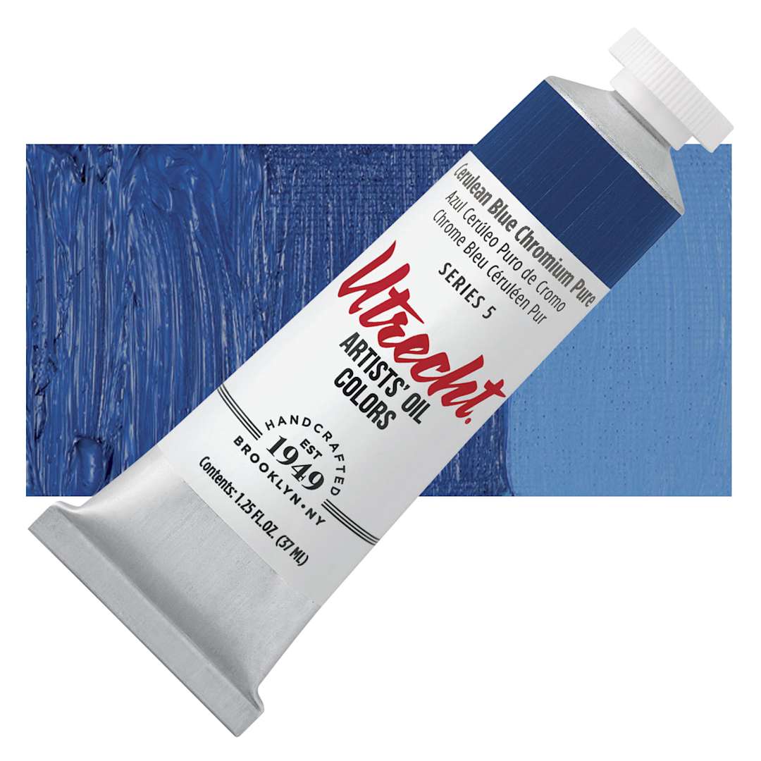 Open in modal - Utrecht Artists' Oil Paint - Cerulean Blue Chromium, 37 ml tube and swatch