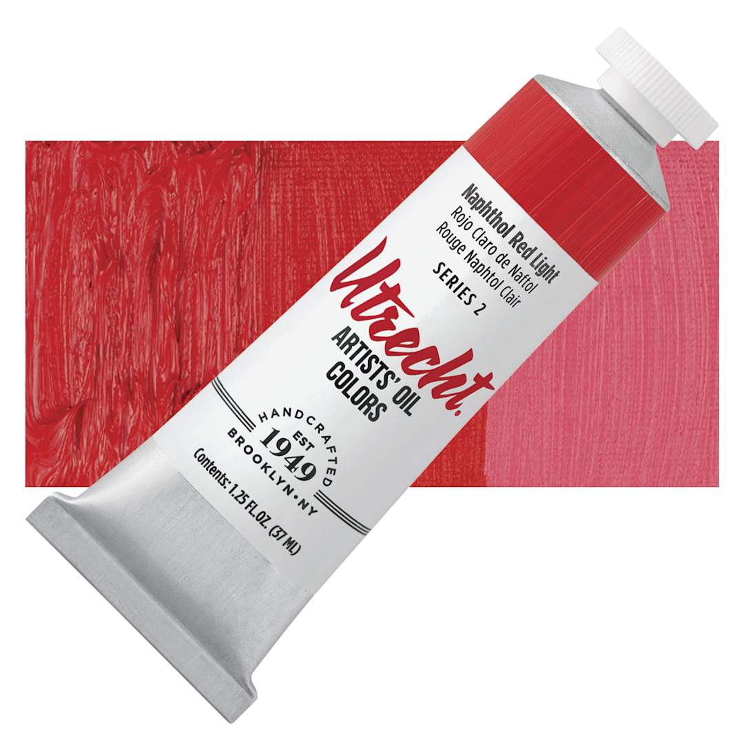 Open in modal - Utrecht Artists' Oil Paint - Naphthol Red Light, 37 ml tube and swatch