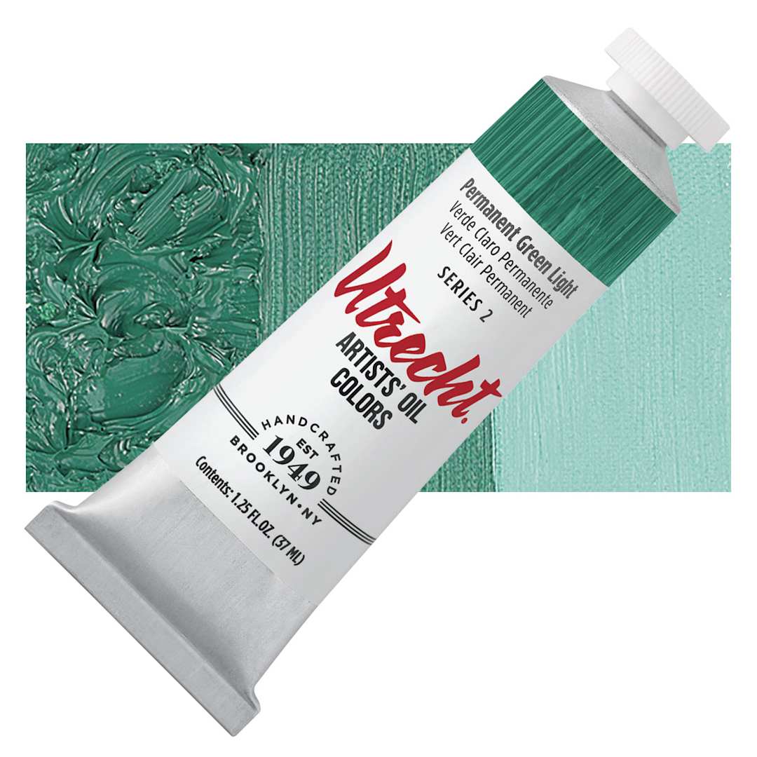Open in modal - Utrecht Artists' Oil Paint - Permanent Green Light, 37 ml tube and swatch