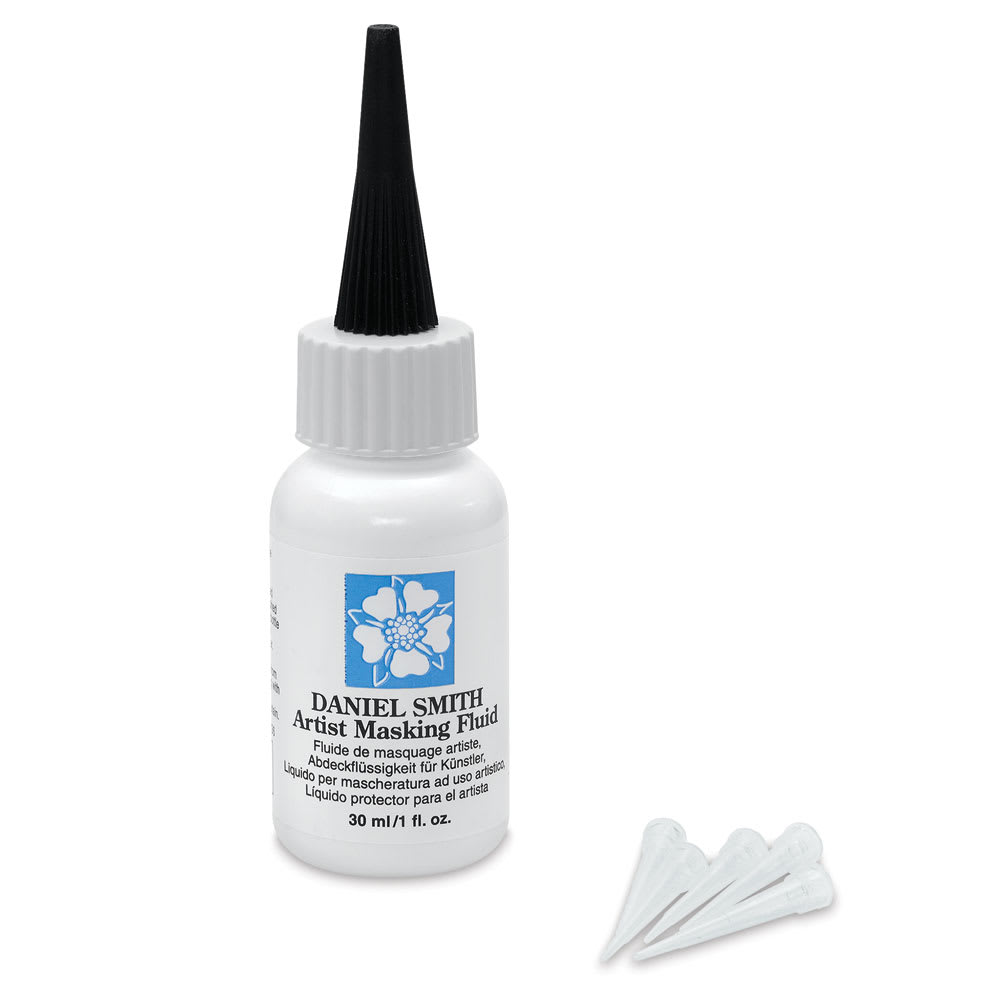 Open in modal - Daniel Smith Masking Fluid - Front of Capped bottle shown with 5 drawing tips