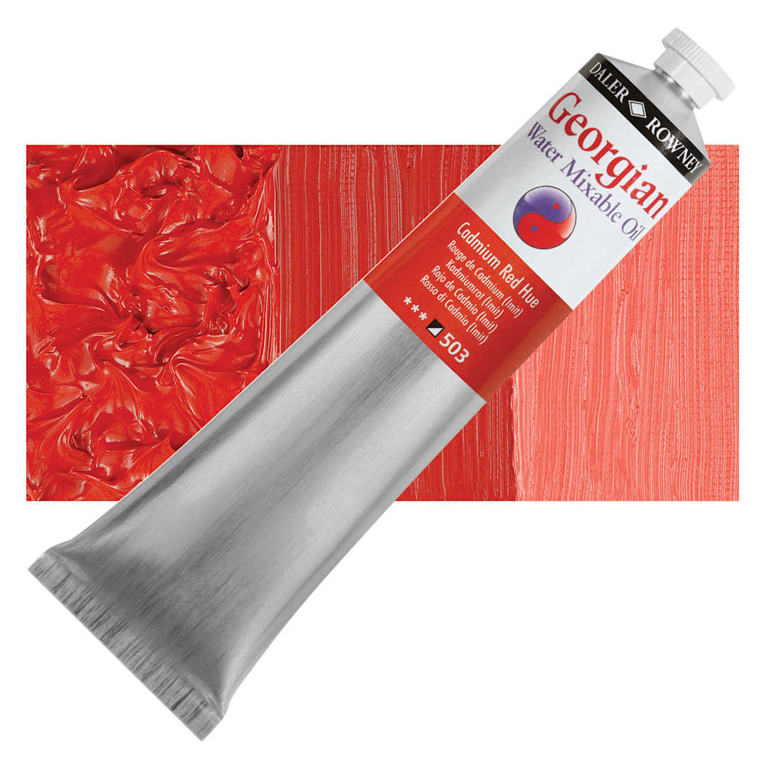 Open in modal - Georgian Water Mixable Oil - Cadmium Red Hue, 200 ml tube and swatch