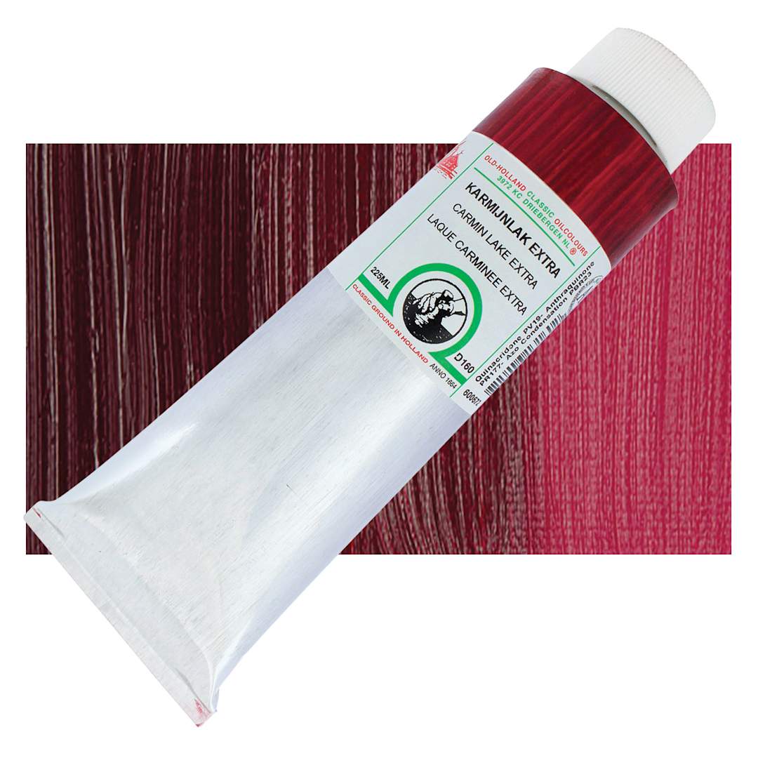 Open in modal - Old Holland Classic Oil Color - Carmine Lake Extra, 225 ml tube and swatch