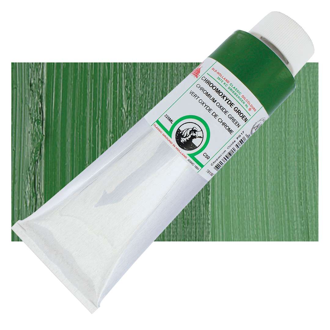 Open in modal - Old Holland Classic Oil Color - Chromium Oxide Green, 225 ml tube and swatch