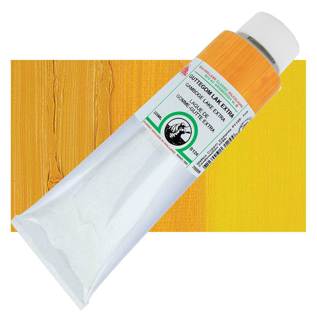 Open in modal - Old Holland Classic Oil Color - Gamboge Lake Extra, 225 ml tube and swatch