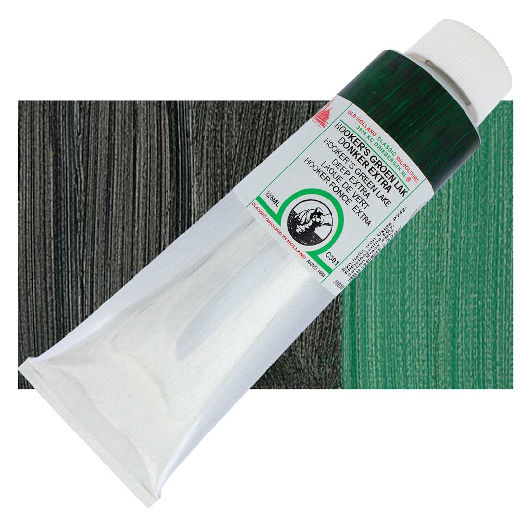 Open in modal - Old Holland Classic Oil Color - Hooker's Green Lake Deep Extra, 225 ml tube and swatch