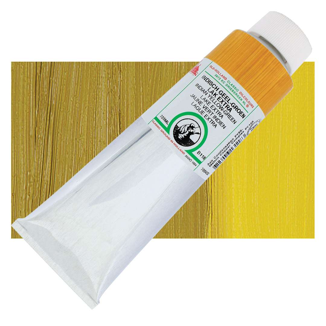 Open in modal - Old Holland Classic Oil Color - Indian Yellow Green Lake Extra, 225 ml tube and swatch
