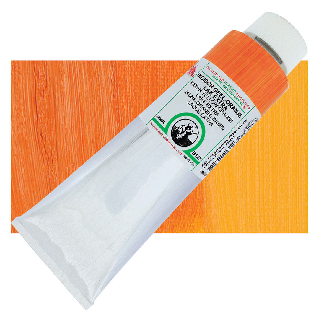 Open in modal - Old Holland Classic Oil Color - Indian Yellow Orange Lake Extra, 225 ml tube and swatch