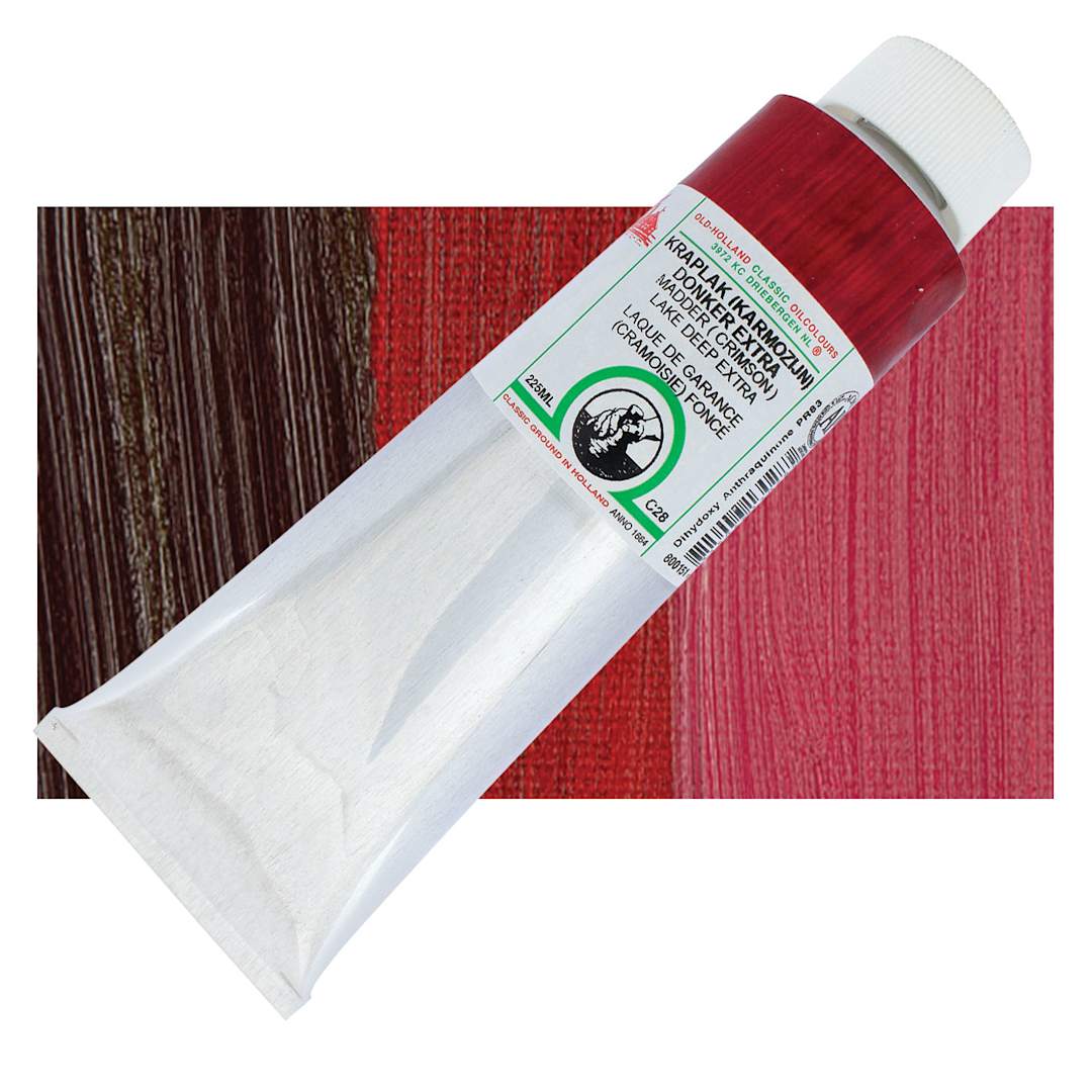 Open in modal - Old Holland Classic Oil Color - Madder (Crimson) Lake Deep Extra, 225 ml tube and swatch