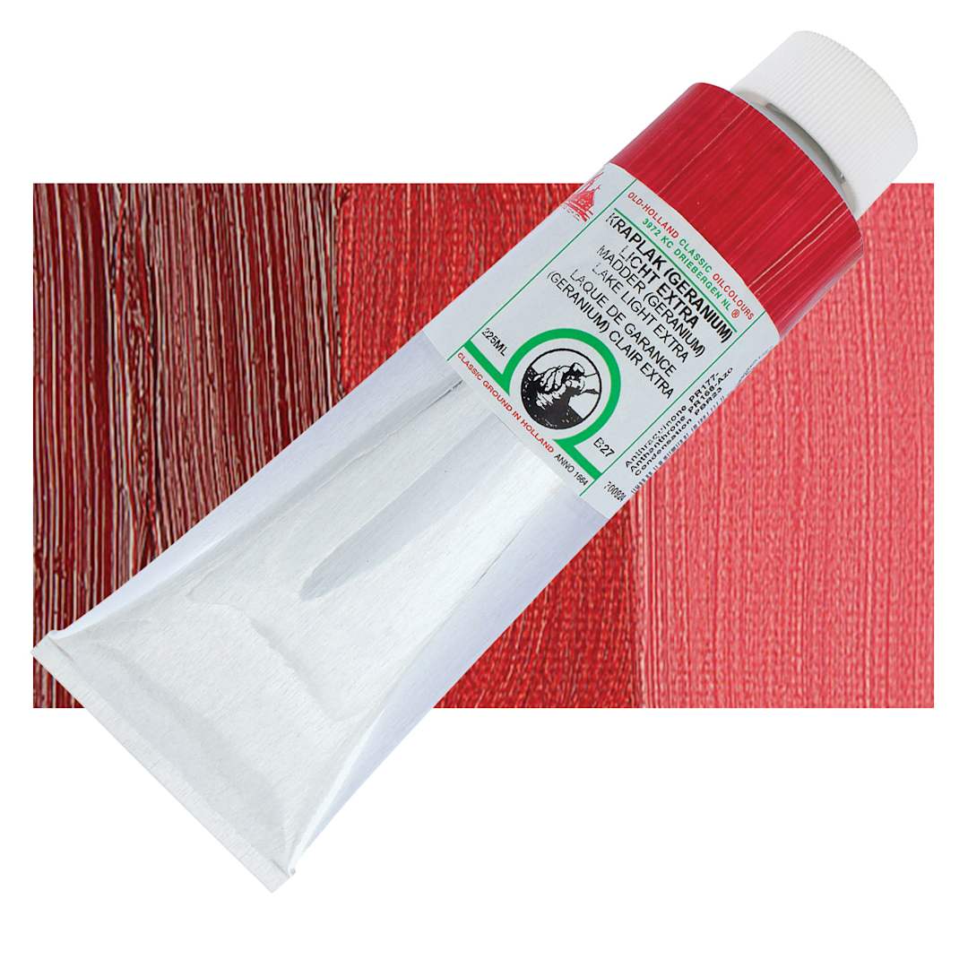 Open in modal - Old Holland Classic Oil Color - Madder (Geranium) Lake Light Extra, 225 ml tube and swatch