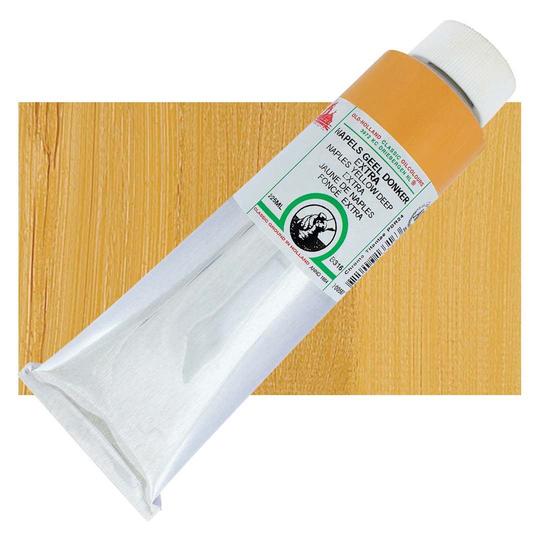 Open in modal - Old Holland Classic Oil Color - Naples Yellow Deep Extra, 225 ml tube and swatch