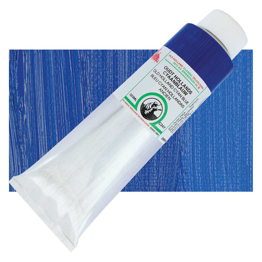 Open in modal - Old Holland Classic Oil Color - Old Holland Cyan Blue, 225 ml tube and swatch