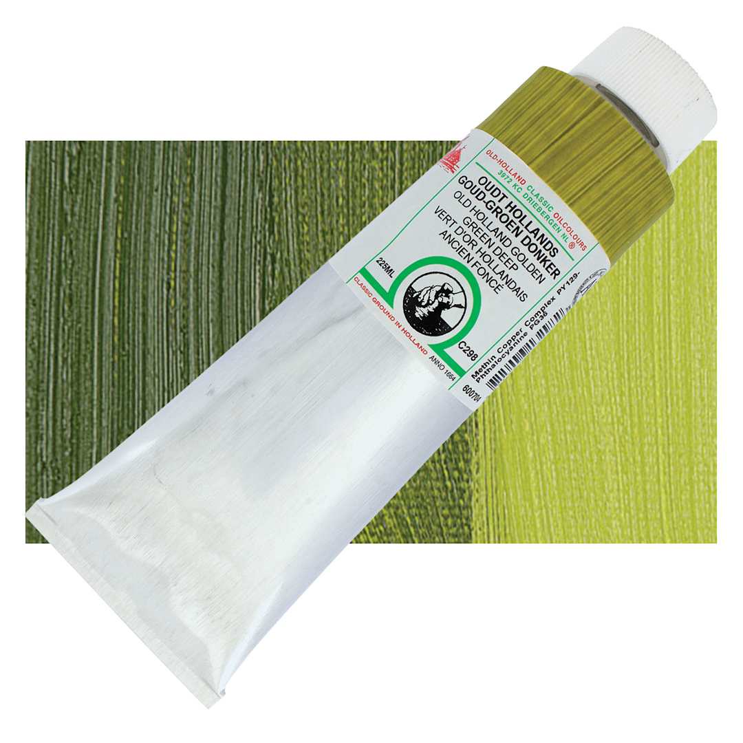 Open in modal - Old Holland Classic Oil Color - Old Holland Golden Green Deep, 225 ml tube and swatch