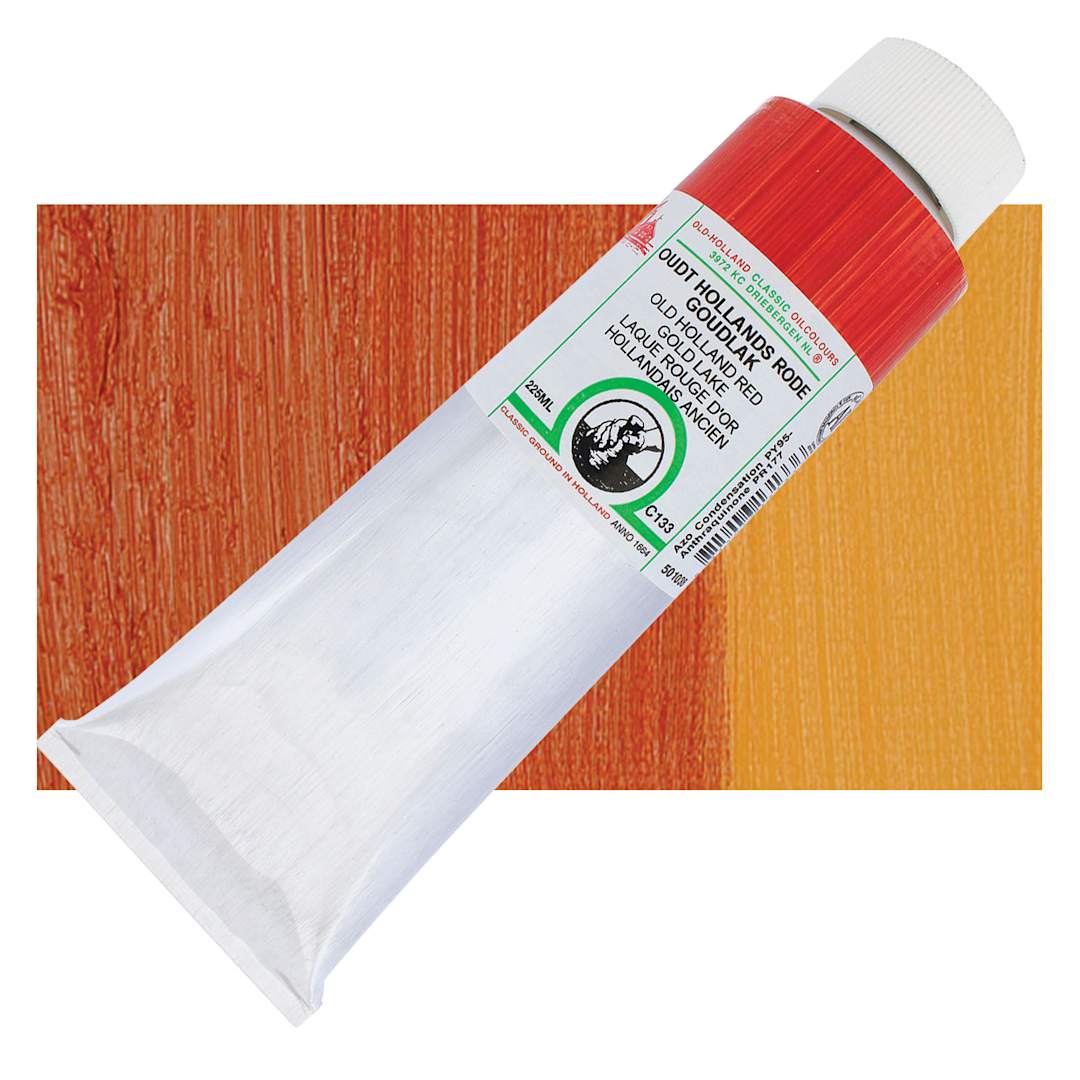 Open in modal - Old Holland Classic Oil Color - Old Holland Red Gold Lake, 225 ml tube and swatch