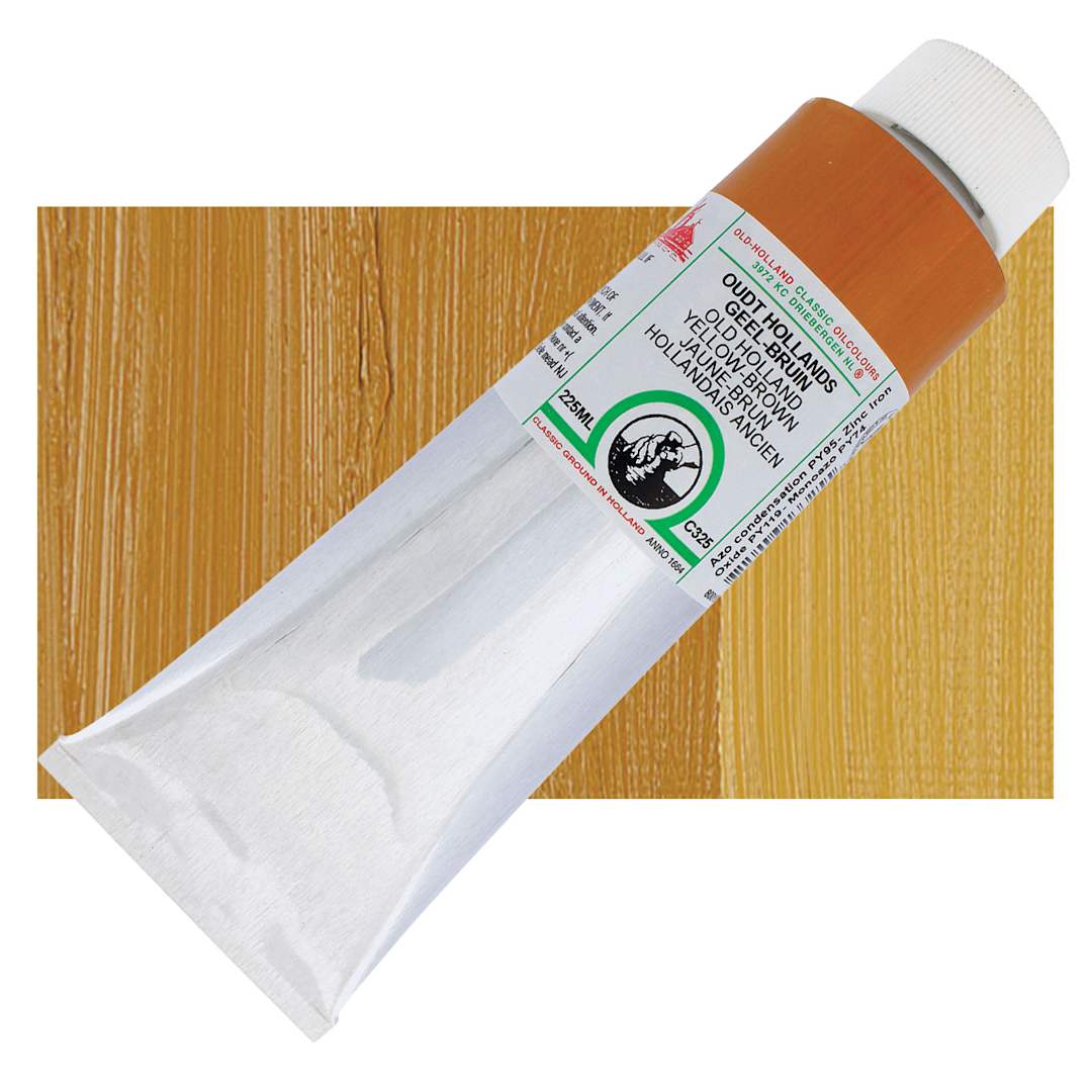 Open in modal - Old Holland Classic Oil Color - Old Holland Yellow Brown, 225 ml tube and swatch