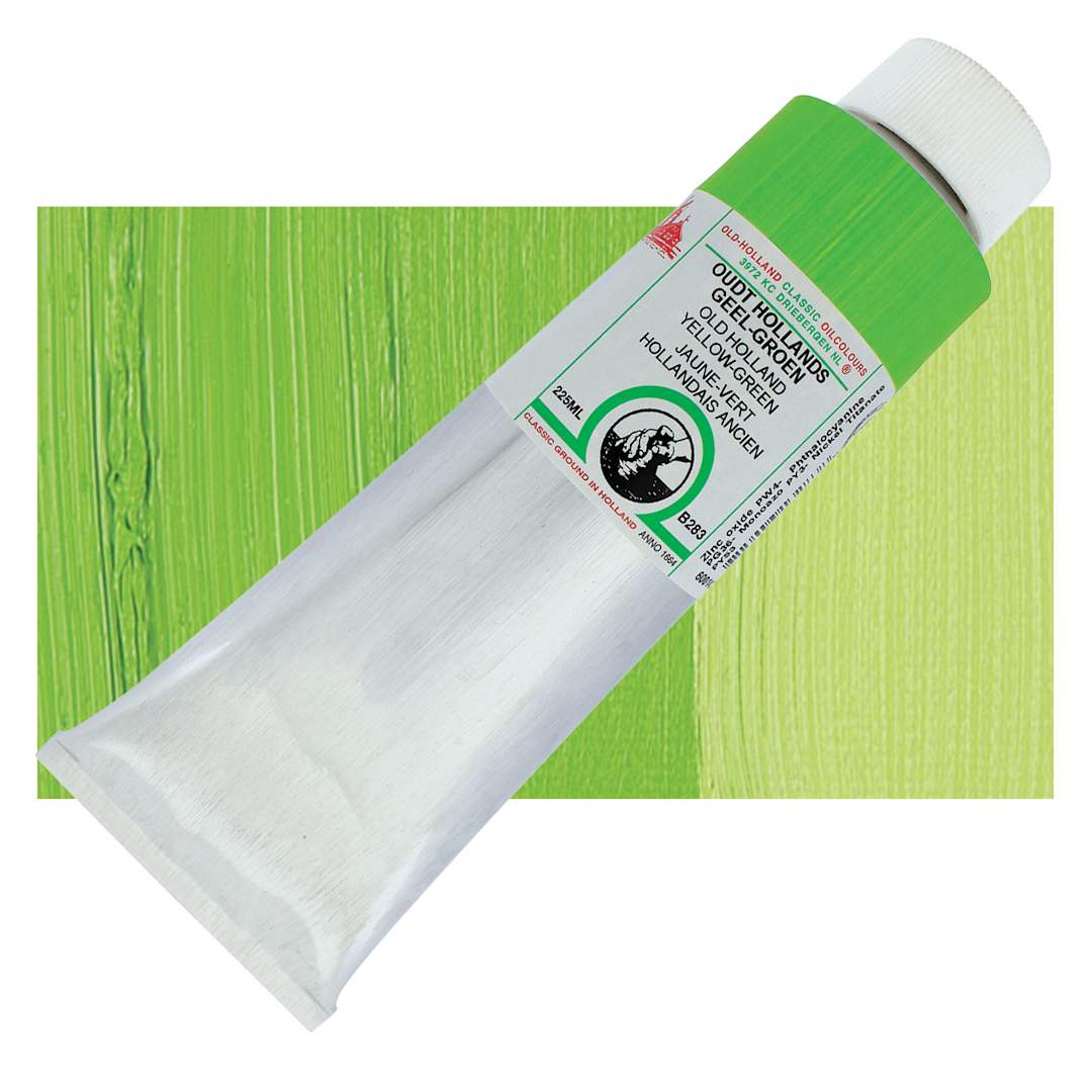 Open in modal - Old Holland Classic Oil Color - Old Holland Yellow Green, 225 ml tube and swatch