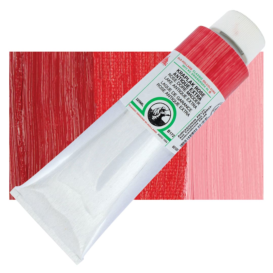 Open in modal - Old Holland Classic Oil Color - Rose Dore Madder Lake Antique Extra, 225 ml tube and swatch