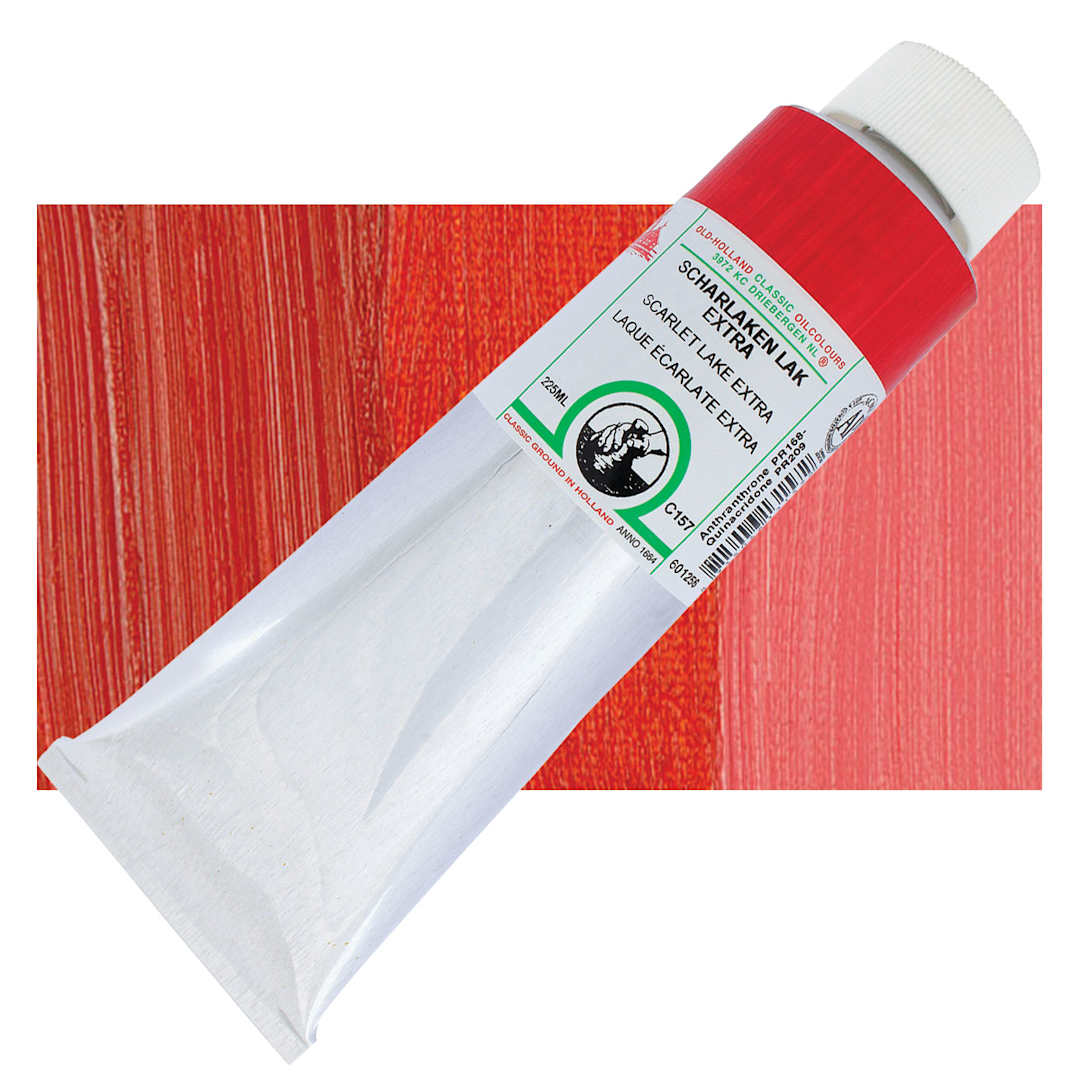 Open in modal - Old Holland Classic Oil Color - Scarlet Lake Extra, 225 ml tube and swatch