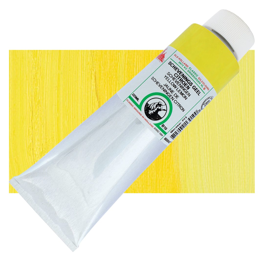 Open in modal - Old Holland Classic Oil Color - Scheveningen Yellow Lemon, 225 ml tube and swatch