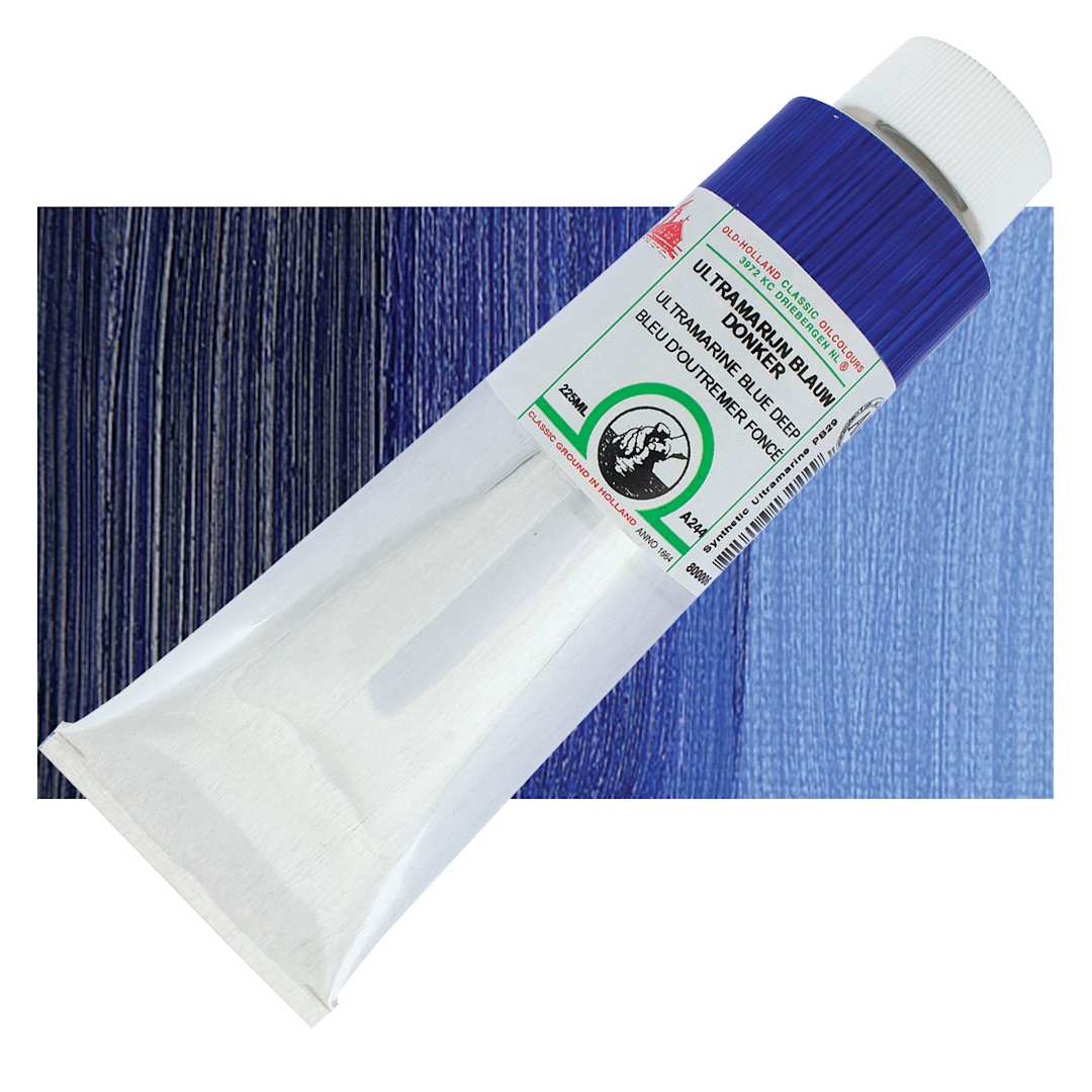 Open in modal - Old Holland Classic Oil Color - Ultramarine Blue Deep, 225 ml tube and swatch
