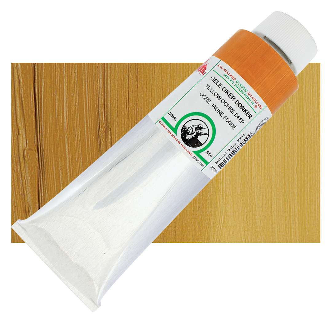 Open in modal - Old Holland Classic Oil Color - Yellow Ochre Deep, 225 ml tube and swatch