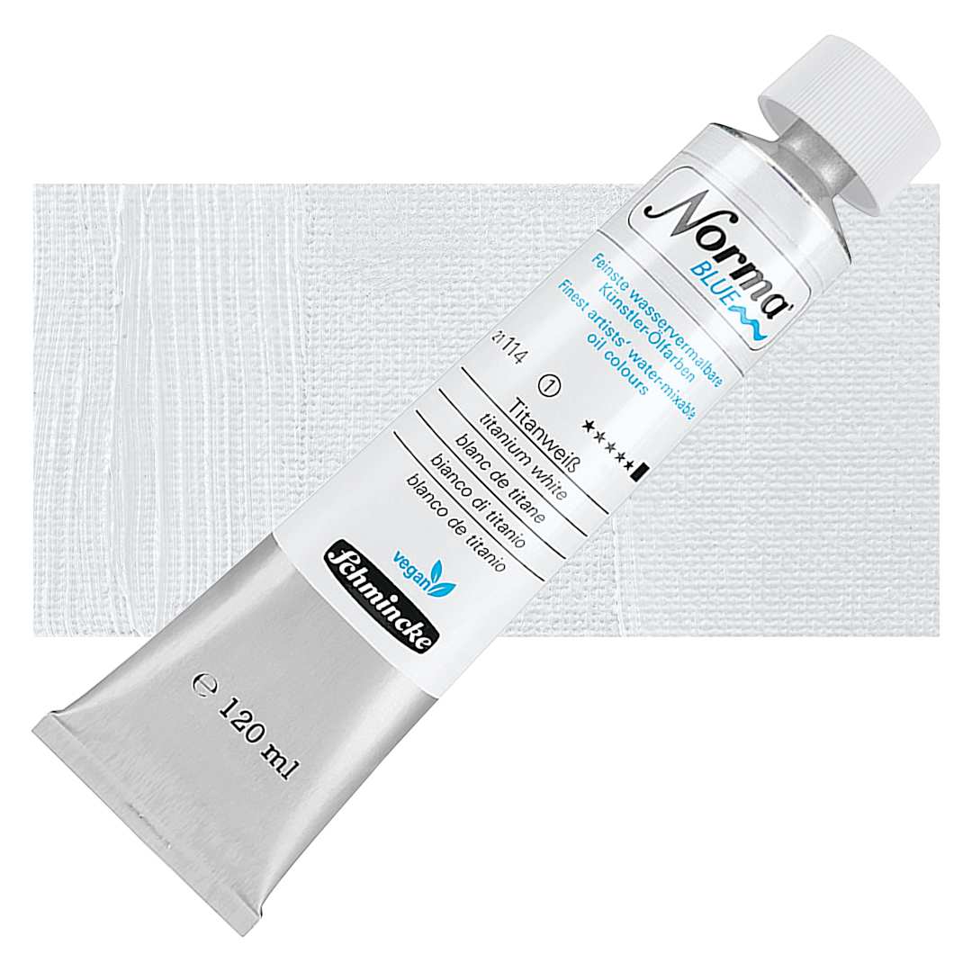 Open in modal - Schmincke Norma Blue Water-Mixable Oil Paint - Titanium White, 120 ml tube and swatch