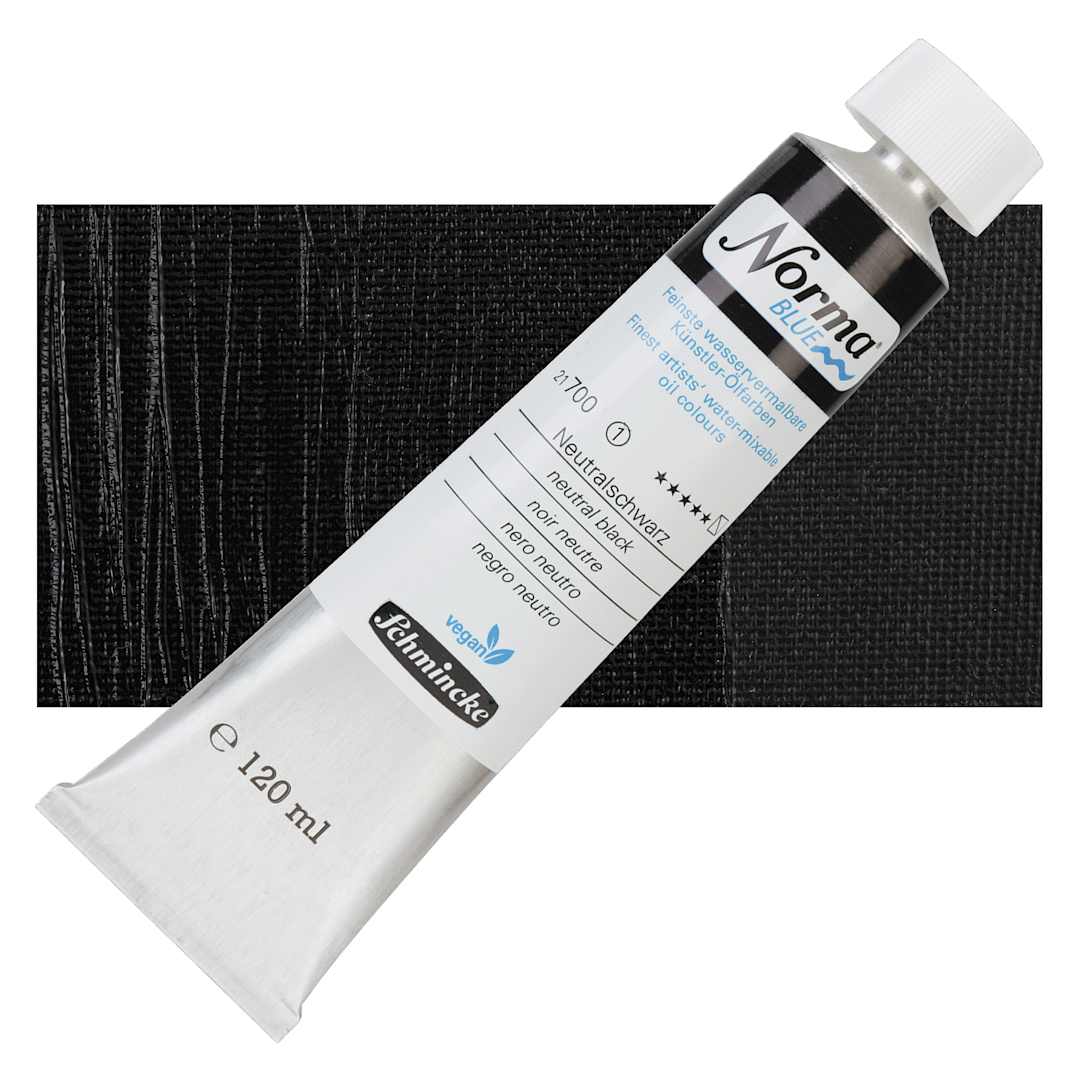 Open in modal - Schmincke Norma Blue Water-Mixable Oil Paint - Neutral Black, 120 ml tube and swatch
