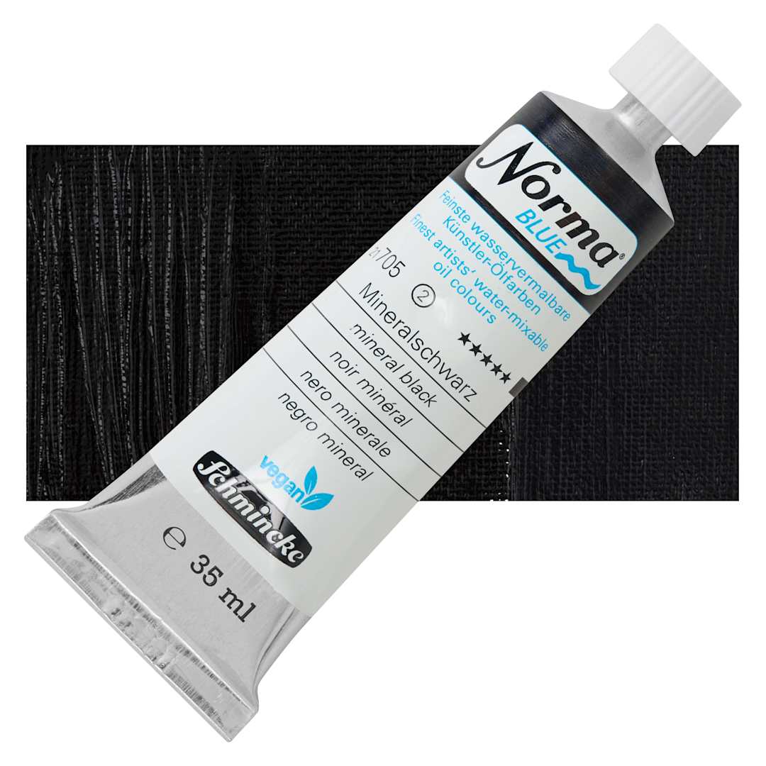 Open in modal - Schmincke Norma Blue Water-Mixable Oil Paint - Mineral Black, 35 ml, tube and swatch