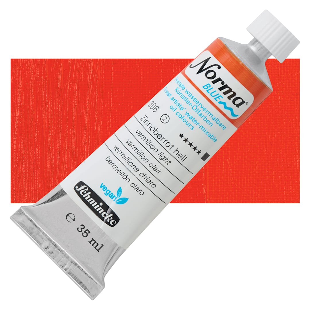 Open in modal - Schmincke Norma Blue Water-Mixable Oil Paint - Vermilion Light, 35 ml tube and swatch