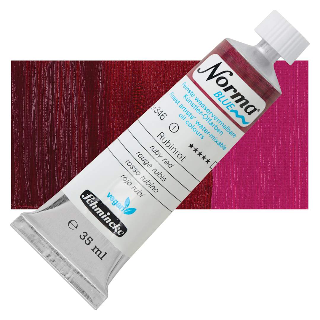 Open in modal - Schmincke Norma Blue Water-Mixable Oil Paint - Ruby Red, 35 ml tube and swatch