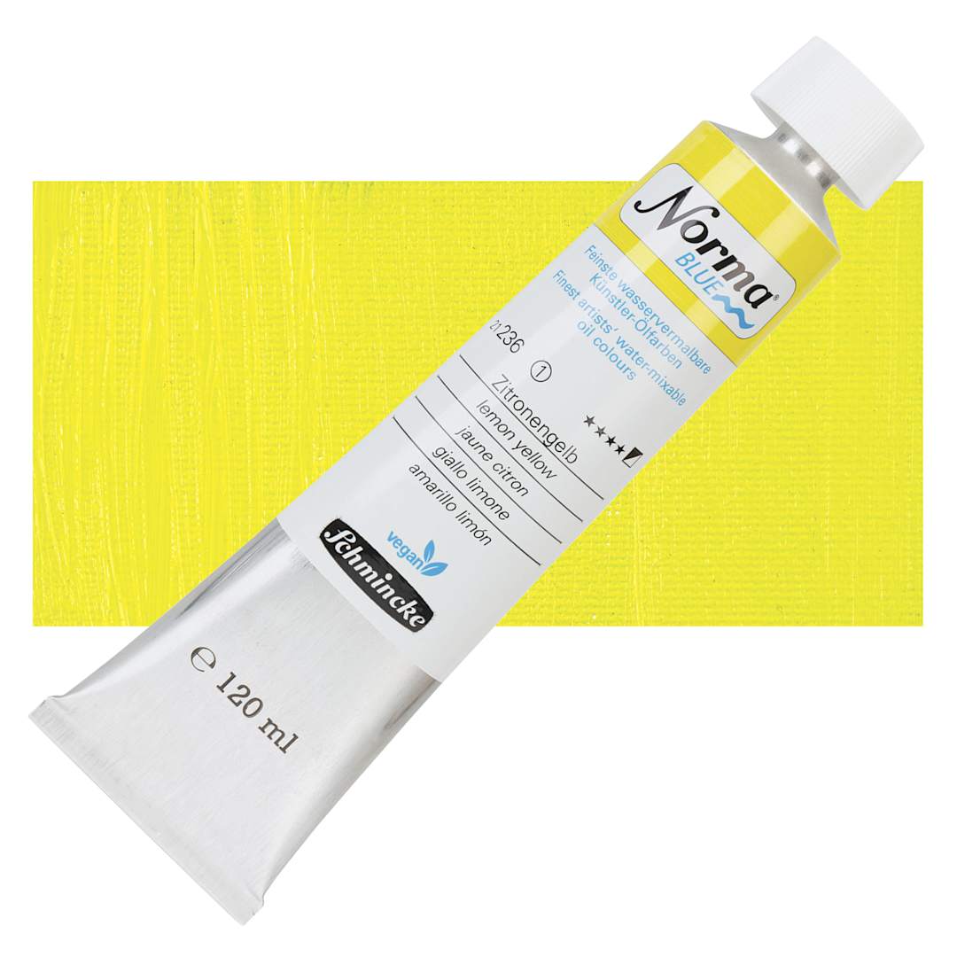 Open in modal - Schmincke Norma Blue Water-Mixable Oil Paint - Lemon Yellow, 120 ml tube and swatch