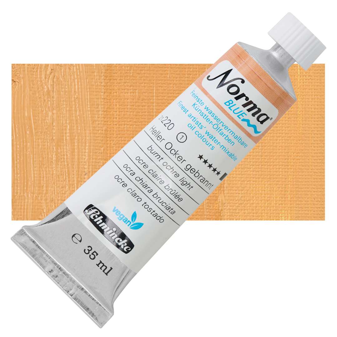 Open in modal - Schmincke Norma Blue Water-Mixable Oil Paint - Burnt Ochre Light, 35 ml, tube and swatch