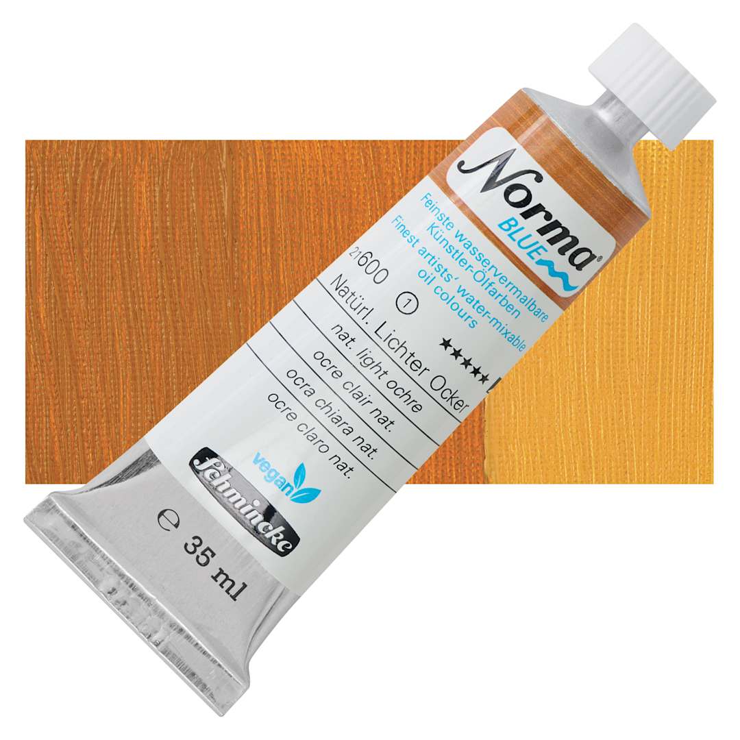 Open in modal - Schmincke Norma Blue Water-Mixable Oil Paint - Natural Light Ochre, 35 ml, tube and swatch