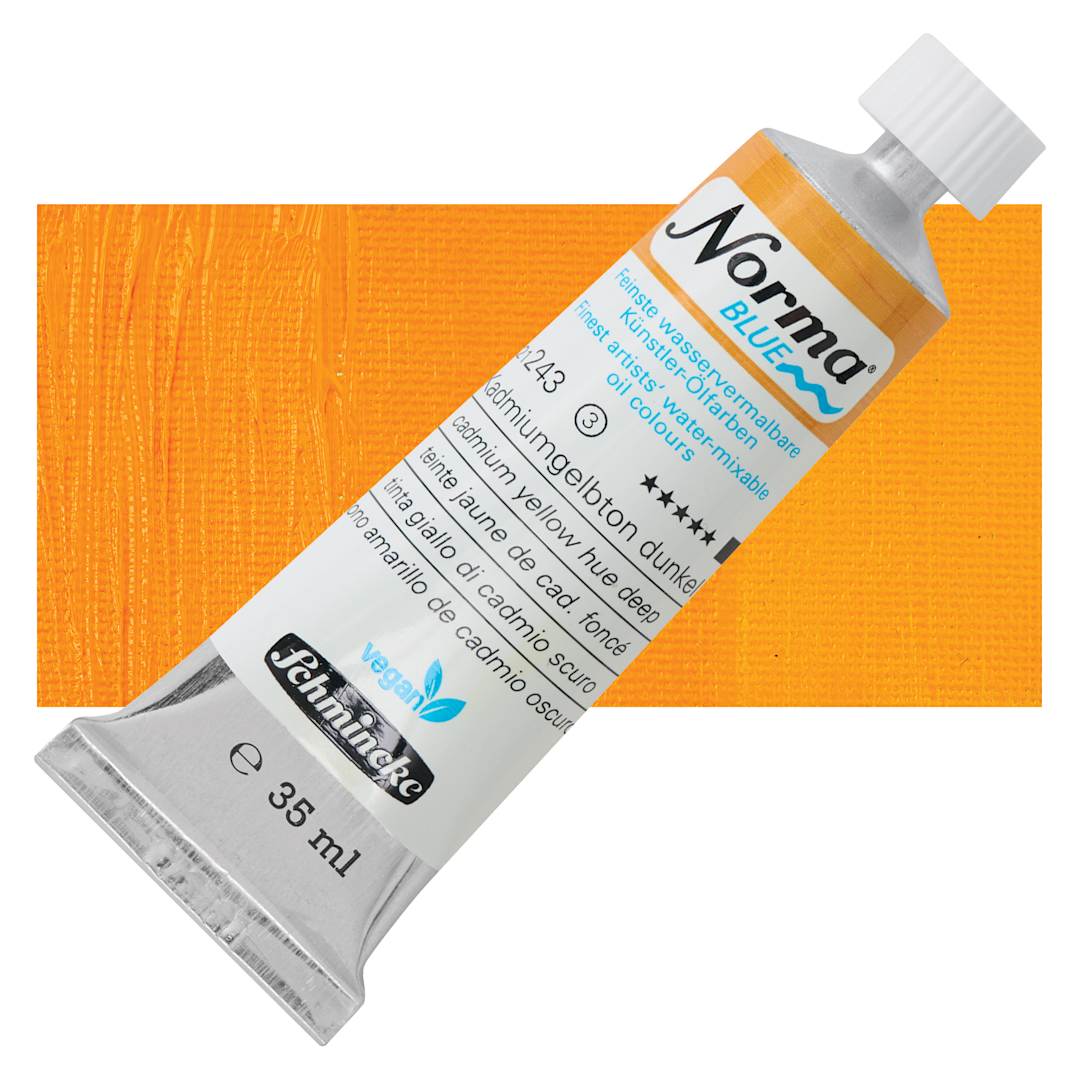 Open in modal - Schmincke Norma Blue Water-Mixable Oil Paint - Cadmium Yellow Hue Deep, 35 ml, tube and swatch