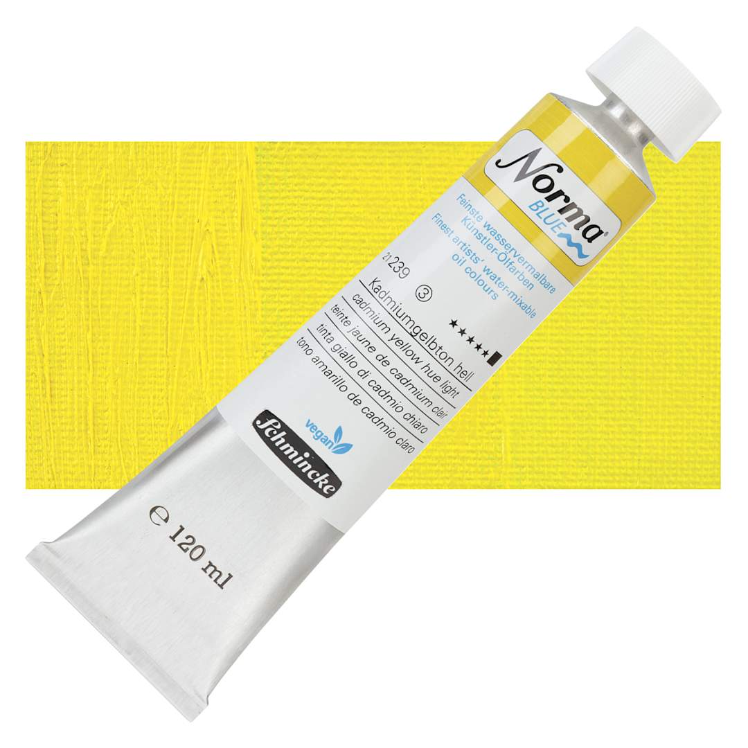 Open in modal - Schmincke Norma Blue Water-Mixable Oil Paint - Cadmium Yellow Hue Light, 120 ml tube and swatch